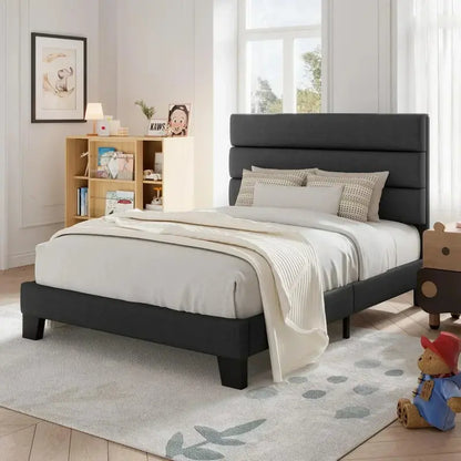Allewie King Platform Bed Frame  Velvet-Upholstered Headboard with Solid Wood Slats