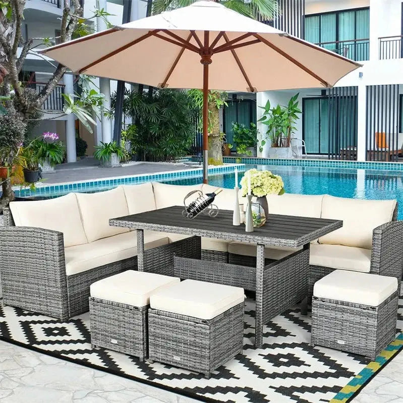 7-Piece Rattan Patio Dining Set  Sectional Sofa, Table, Ottomans & Cushions