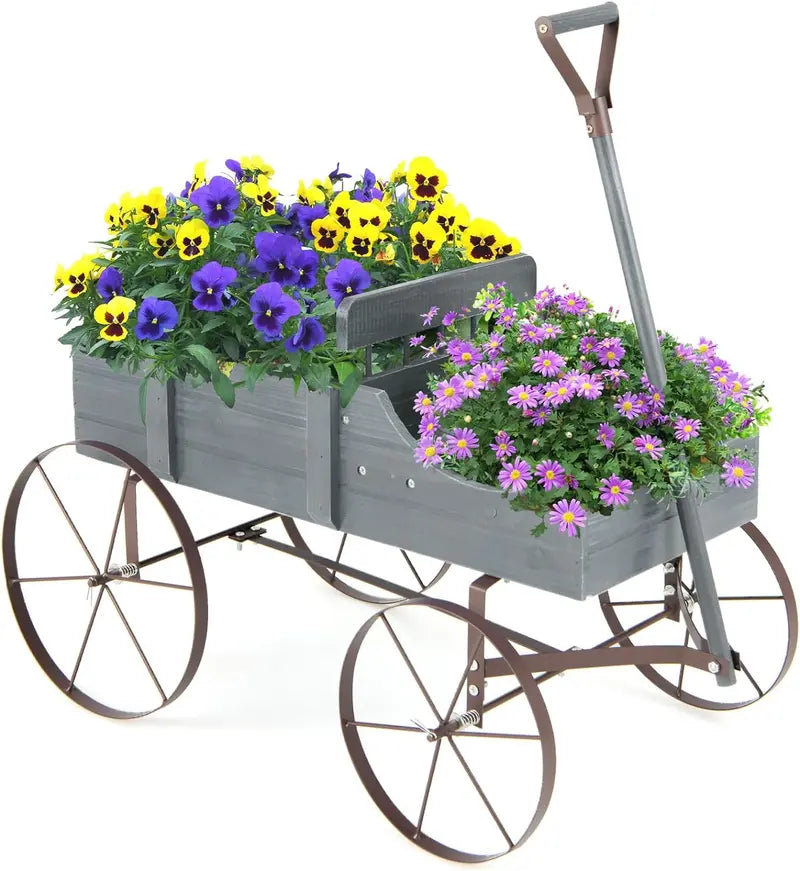Wooden Wheeled Wagon Planter  Decorative Rolling Garden Planter for Patios and Landscapes