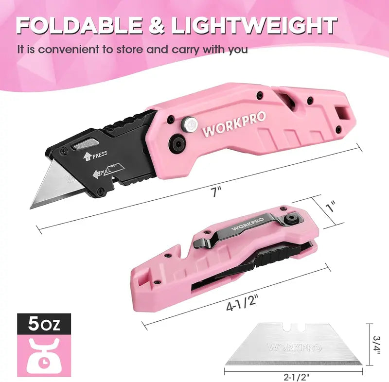 WORKPRO Folding Utility Knife — Includes 10 Replacement Blades, Pink Ribbon Design