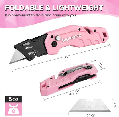 WORKPRO Folding Utility Knife — Includes 10 Replacement Blades, Pink Ribbon Design