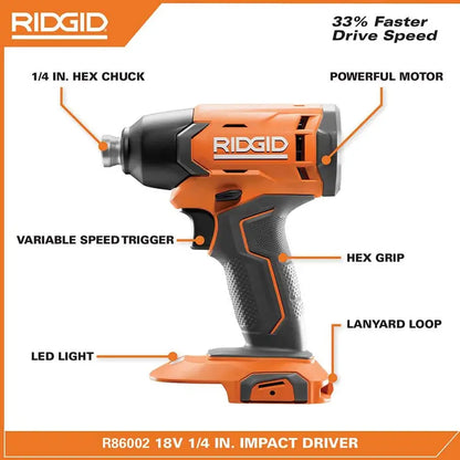 RIDGID 18V Cordless 2-Tool Combo Kit with 1/2 in. Drill/Driver, 1/4 in. Impact Driver, (2) 2.0 Ah Batteries, Charger, and Bag R9272