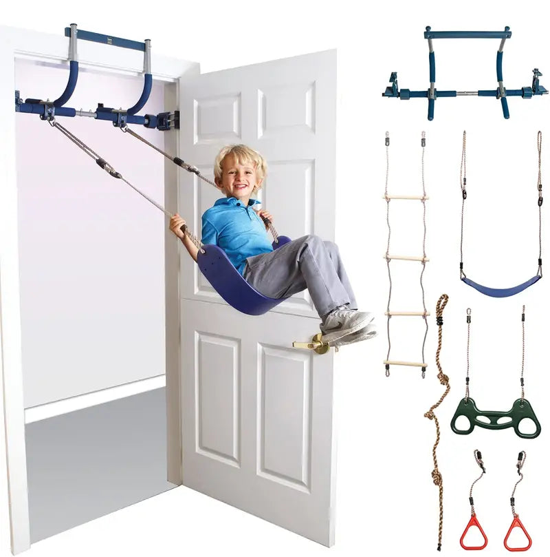 6-Piece Indoor Gym Kit for Kids  Swing Chair, Trapeze Rings, Climbing Ladder, Rope, Pull-Up Bar & Accessories