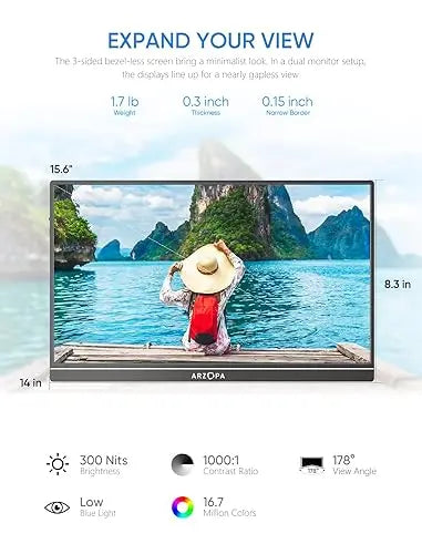 ARZOPA 15.6-Inch Portable USB-C & HDMI Monitor  FHD 1080P Display with HDR and Eye Protection