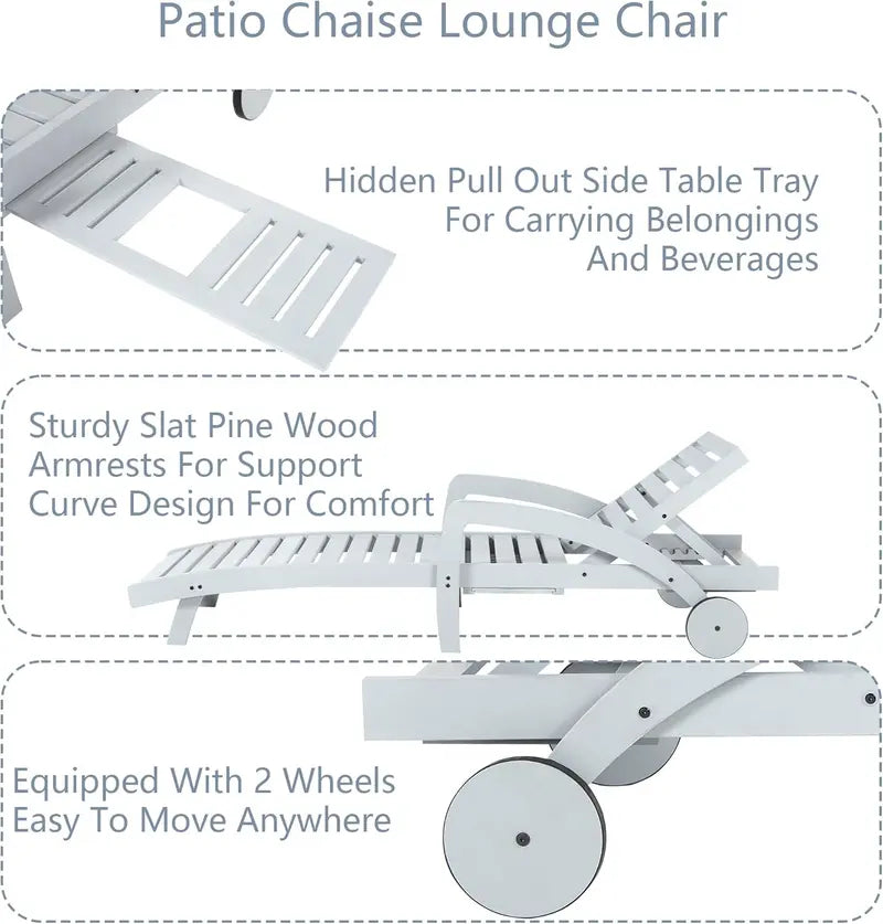 Set of 4 Wooden Poolside Chaise Lounges  5-Position Adjustable Recliners with Pull-Out Side Tables, Patio or Deck Ready