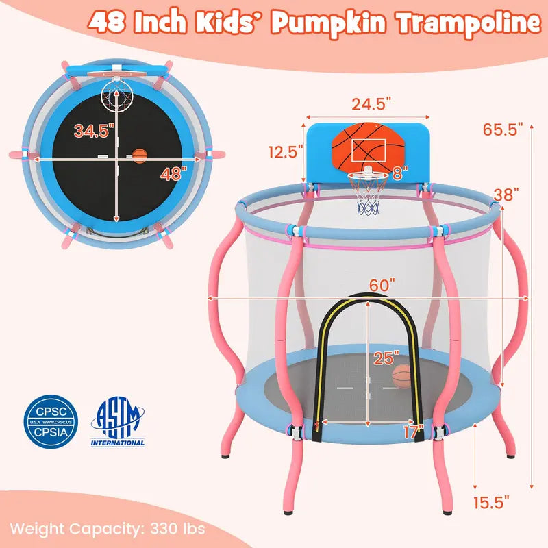 48-Inch Pumpkin-Themed Trampoline  Indoor/Outdoor Bounce Mat with Basketball Hoop & Backboard