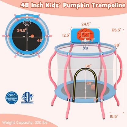 48-Inch Pumpkin-Themed Trampoline  Indoor/Outdoor Bounce Mat with Basketball Hoop & Backboard