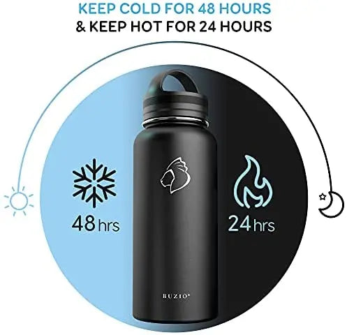 BUZIO 64oz Vacuum Insulated Stainless Steel Water Bottle with Straw & Spout Lids, Leak-Proof, Keeps Drinks Cold 48H/Hot 24H