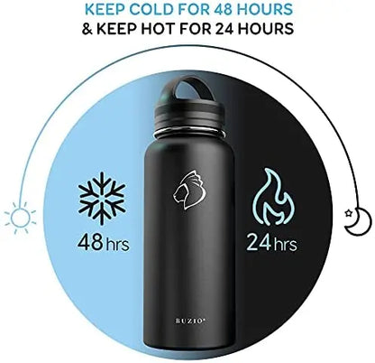 BUZIO 64oz Vacuum Insulated Stainless Steel Water Bottle with Straw & Spout Lids, Leak-Proof, Keeps Drinks Cold 48H/Hot 24H