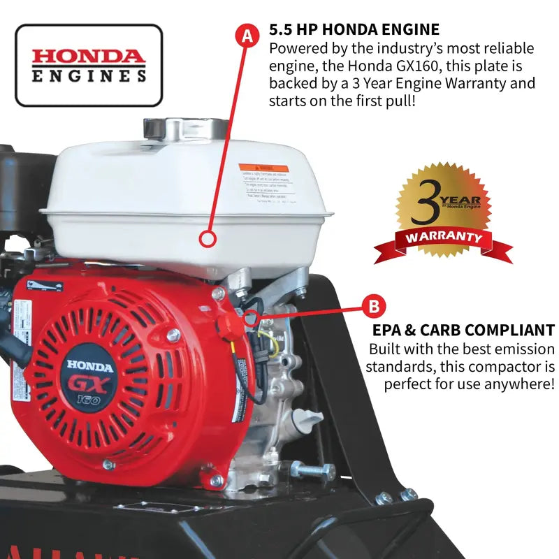 Tomahawk Power Gas Plate Compactor  5.5 HP, 3000 lbs/ft Force, 63cc Engine, 17×13″ Plate