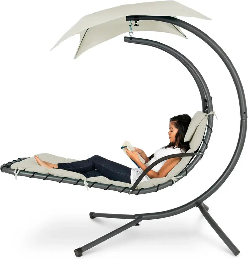 Best Choice Products Curved Hanging Steel Chaise Lounge Swing  Charcoal Gray with Pillow & Canopy
