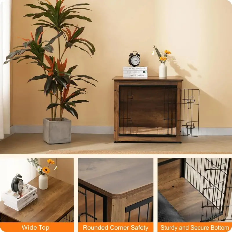 DWANTON Wooden Dog Crate Furniture with Cushion, Multi-Functional Pet Crate & Side Table, Durable & Chew-Resistant, Double Doors, Adjustable Feet
