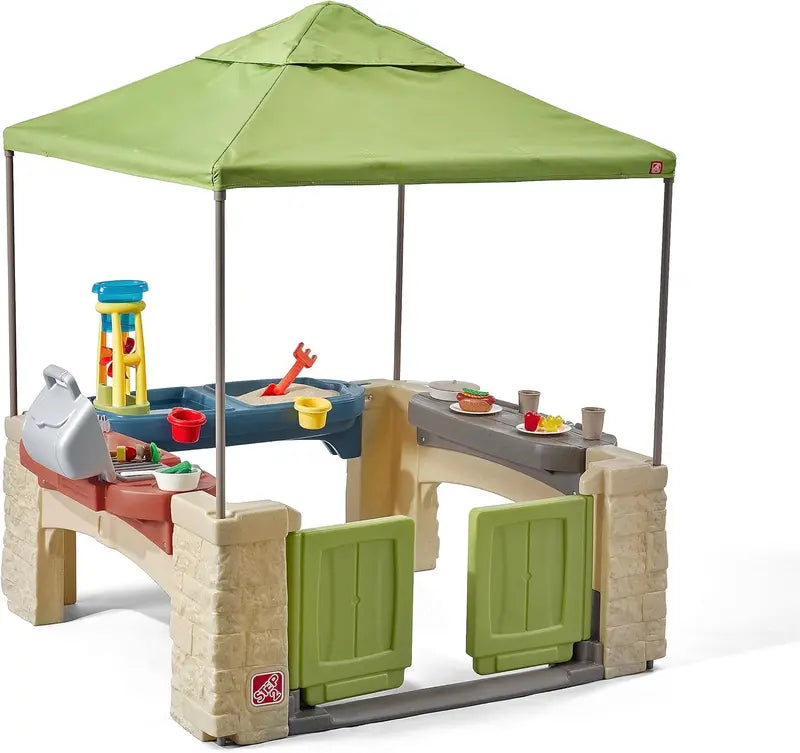All-in-One Canopy Play Patio  Outdoor & Indoor Pretend Play Kitchen Set with Shade Cover