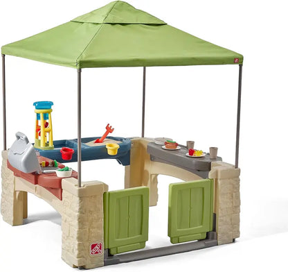 All-in-One Canopy Play Patio  Outdoor & Indoor Pretend Play Kitchen Set with Shade Cover