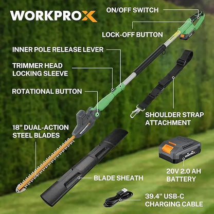 WORKPROX 20V Extendable Pole Hedge Trimmer  9.2-Foot Reach with 11-Position Rotating Head