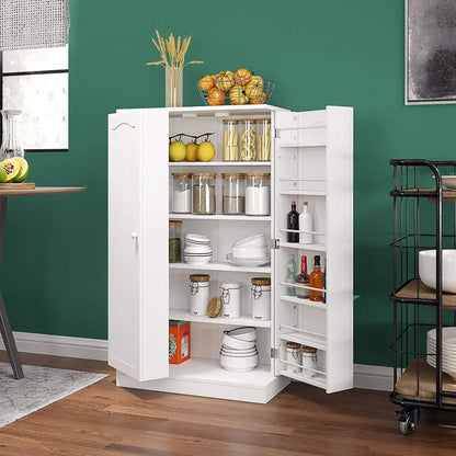 Homefort 41″ Farmhouse Kitchen Pantry Cabinet, White Storage Unit with Adjustable Shelves and Door Pockets