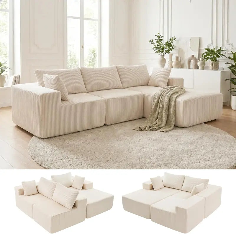 DUMOS Cloud Modular Sectional Sofa  108″ L-Shaped Boneless Couch with Deep Seat, Beige (Left Chaise)