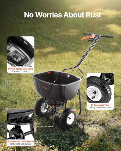 60-Lb Walk-Behind Broadcast Spreader  All-Terrain Push Spreader with 10″ Pneumatic Tires & Adjustable Spread Width