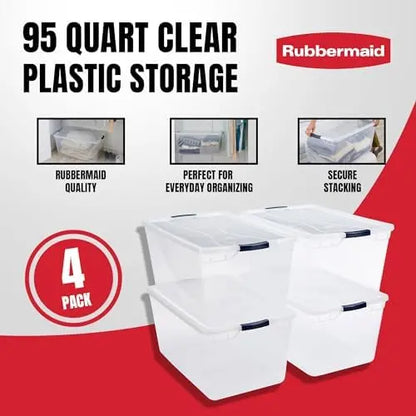Rubbermaid CleverStore 95 Qt Clear Storage Bins  4-Pack, Stackable, BPA-Free, See-Through Latching Lids, Made in USA