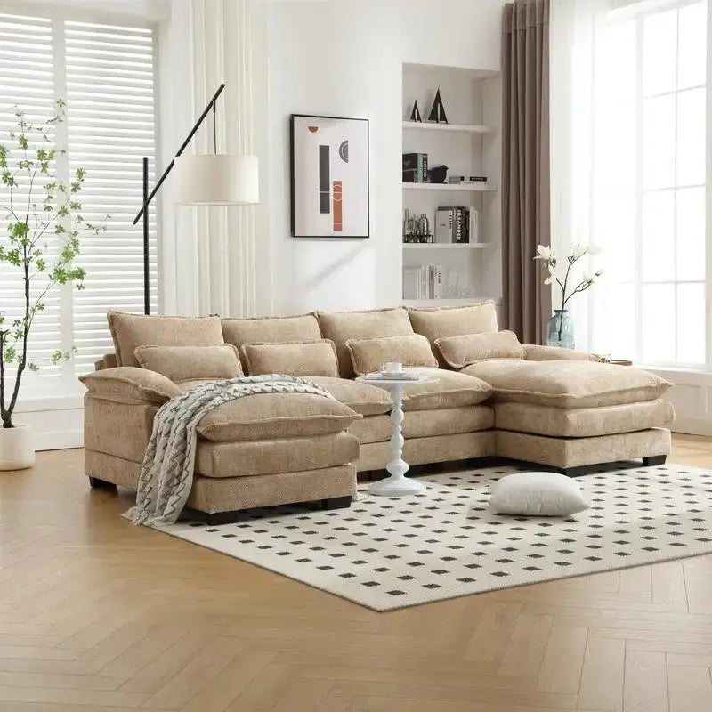 Cloud-Chenille U-Shaped Sectional Sofa  Modern Modular Sleeper Couch with Double Chaise and Bouclé Fabric Options