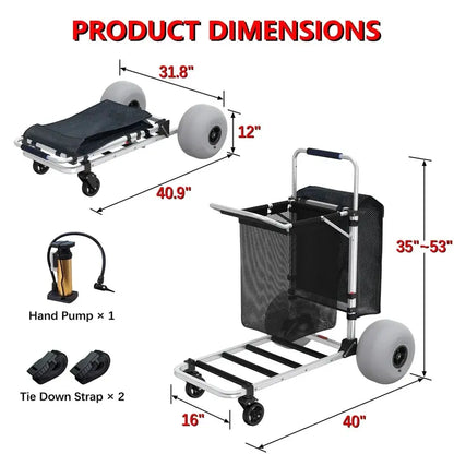 Heavy-Duty Foldable Beach Cart: 12-Inch Balloon Tires, Adjustable Handle & 220-Lb Capacity