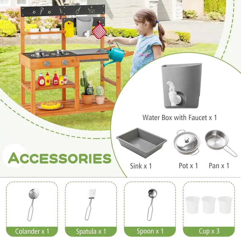 OLAKIDS Outdoor Mud Kitchen Playset  Rolling Wooden Kids’ Cooking Station with Removable Sink, Accessories, and All-Terrain Wheels for Ages 3+