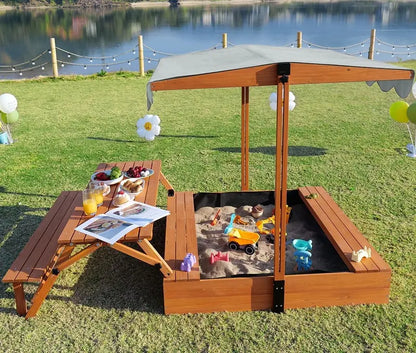 Wooden Outdoor Sandbox with Lid & Picnic Table  Foldable Sandpit with Protective Cover