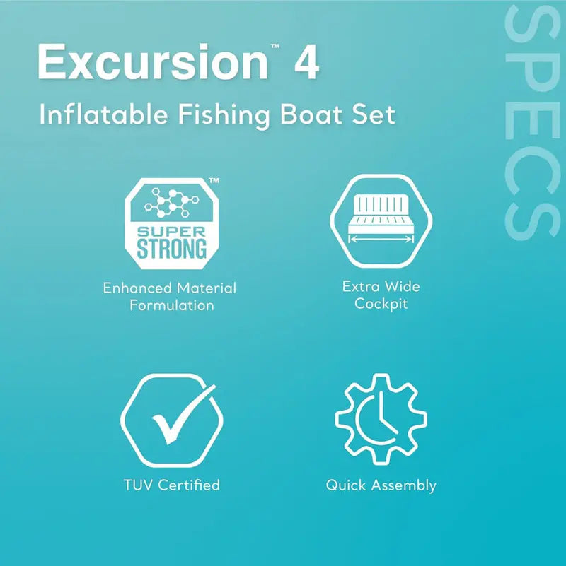 Excursion Inflatable Fishing Boat  SuperTough PVC with Adjustable Backrest Seats, Rod Holders & Welded Oar Locks