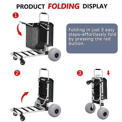 Heavy-Duty Foldable Beach Cart  Aluminum Frame, 12″ Balloon Wheels, 220-Lb Capacity, Adjustable Handle