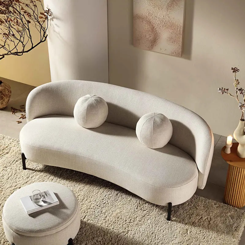 Curved 3-Seater Sofa with Ball-Shape Cushions  Beige Linen-Blend Lounge Sofa