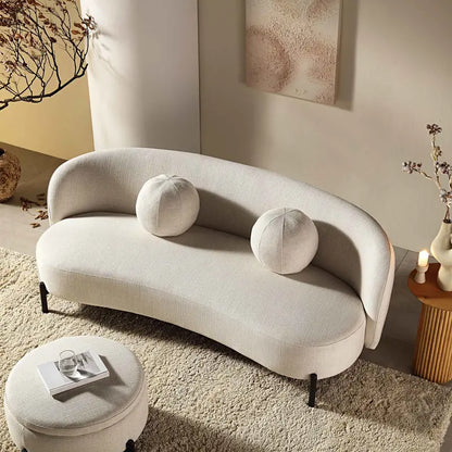 Curved 3-Seater Sofa with Ball-Shape Cushions  Beige Linen-Blend Lounge Sofa