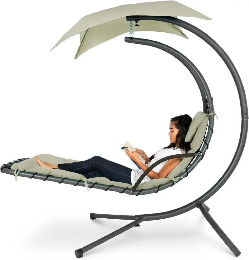 Best Choice Products Curved Hanging Steel Chaise Lounge Swing  Charcoal Gray with Pillow & Canopy