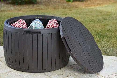 Keter Circa 37-Gallon Round Deck Box  Weather-Resistant Patio Storage Table in Brown Finish
