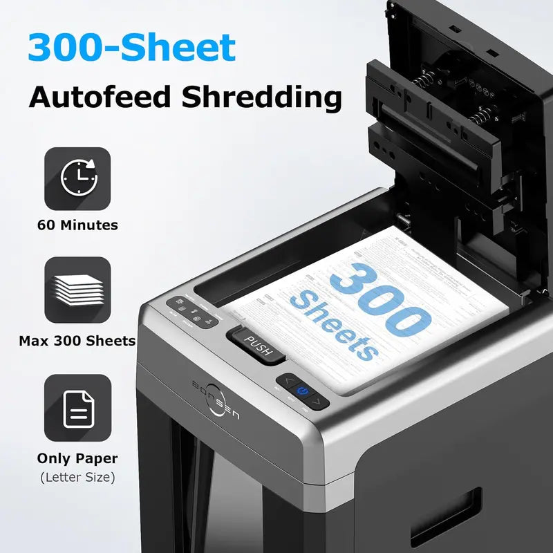 BONSEN Auto-Feed Paper Shredder  300-Sheet Capacity, P-4 Security, Quiet Operation & 8.1-Gallon Bin