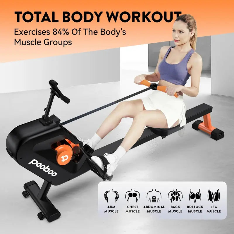 Pooboo Magnetic Rowing Machine, 8-Level Resistance, Foldable, Ergonomic Design, Supports 350 lbs, Home Exercise Equipment