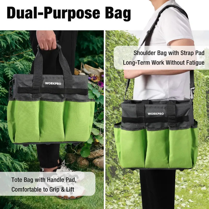 WORKPRO Heavy-Duty Stand-Up Garden Tote Bag  10 Organized Pockets & Adjustable Strap
