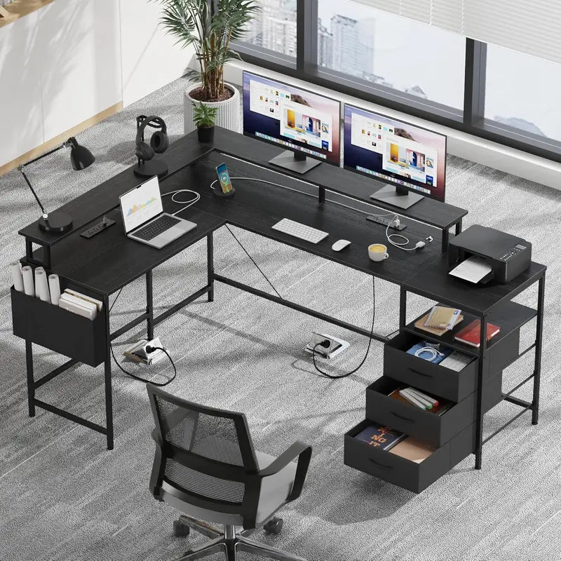L-Shaped Gaming Desk  63-Inch Black Workstation with Dual Monitor Stands, Built-in LED Lighting, Power Strips, and Fabric Drawers