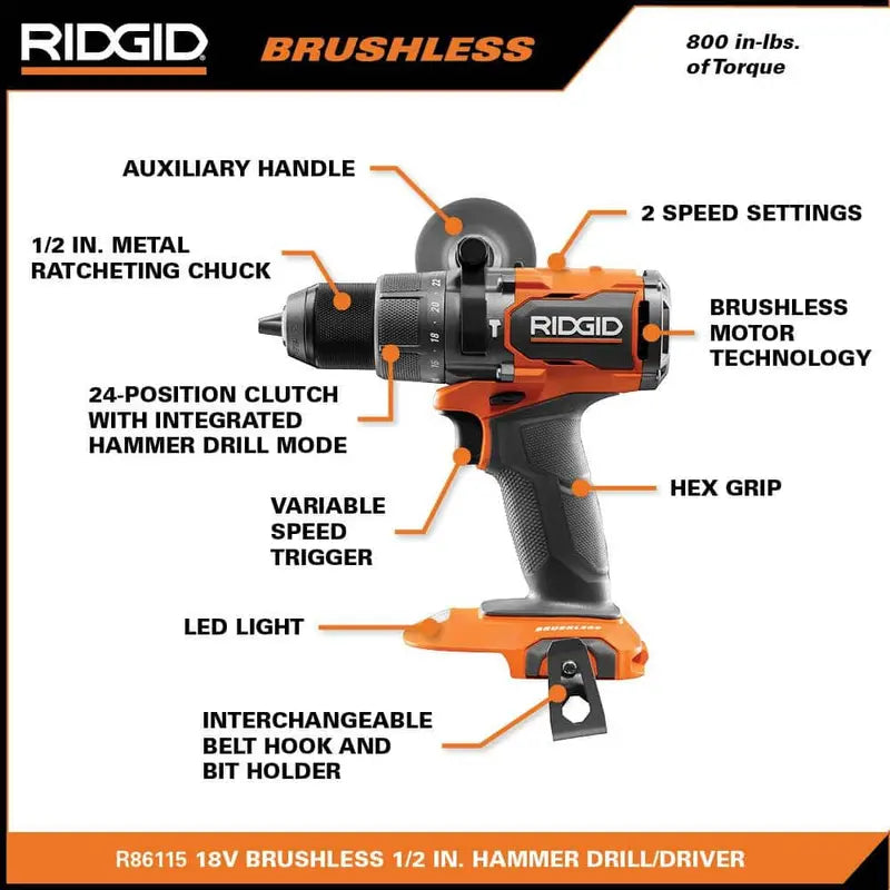 RIDGID 18V Brushless Cordless 2-Tool Combo Kit with Hammer Drill, Impact Driver, (2) Batteries, Charger, and Bag R9208