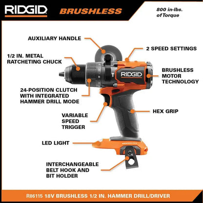 RIDGID 18V Brushless Cordless 2-Tool Combo Kit with Hammer Drill, Impact Driver, (2) Batteries, Charger, and Bag R9208