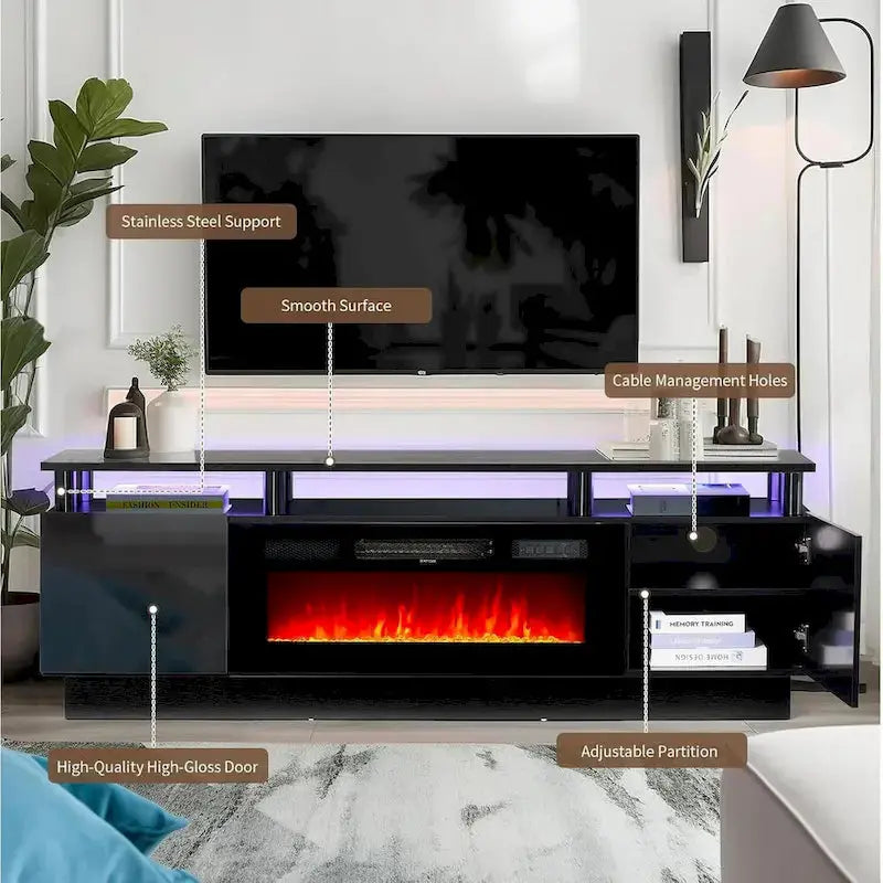 70-Inch TV Stand with Built-In 36-Inch Electric Fireplace & Customizable Shelving