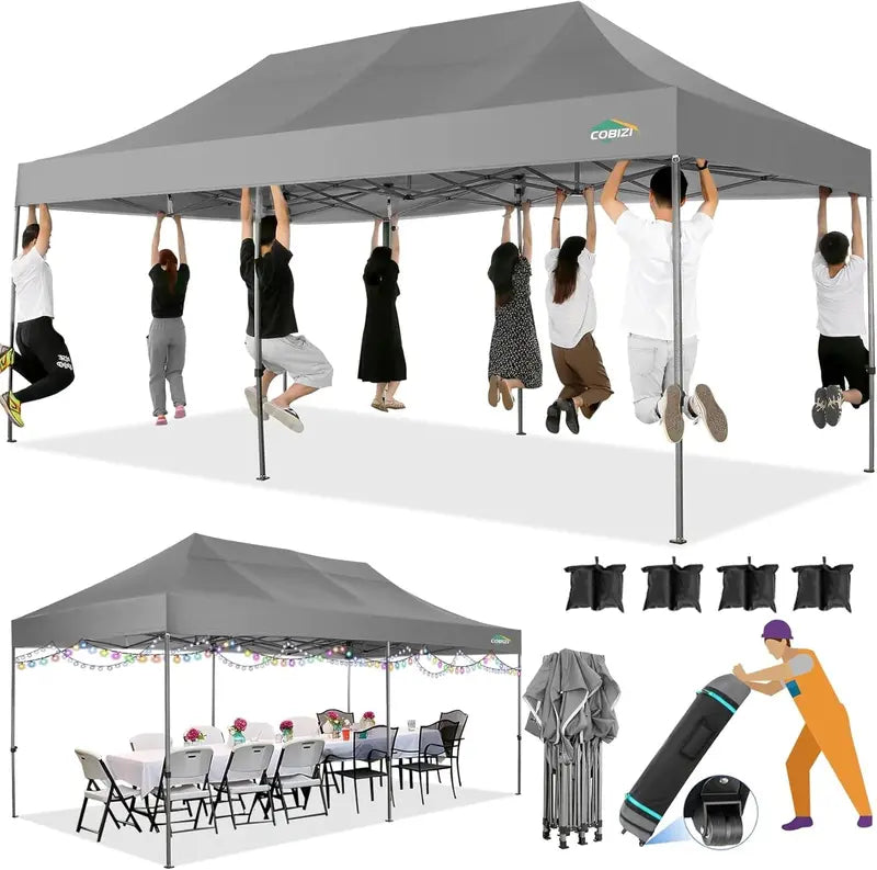 COBIZI Heavy-Duty 10×20 FT Pop-Up Canopy Tent  6 Wind-Resistant Sidewalls, Black Frame, Roller Bag