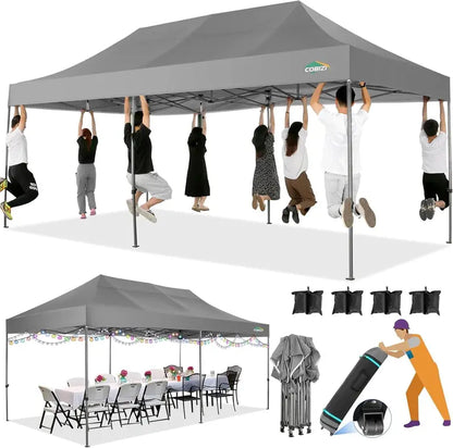 COBIZI Heavy-Duty 10×20 FT Pop-Up Canopy Tent  6 Wind-Resistant Sidewalls, Black Frame, Roller Bag