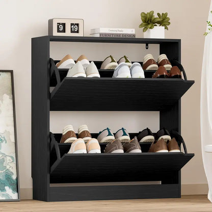 Discreet Freestanding Wood Shoe Cabinet with Three Concealed Flip Drawers