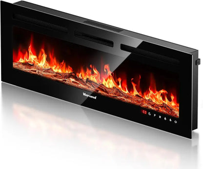 60-Inch Wall-Mounted Electric Fireplace  Realistic Flame Effect Heater with Touchscreen, Remote, Timer & Log/Crystal Media, 7501500W Output
