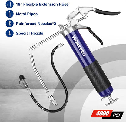 WORKPRO Pistol-Grip Grease Gun Kit  18″ Flexible Hose, 2 Fixed Tubes, 3 Nozzles, 14 oz Capacity, 4000 PSI Output