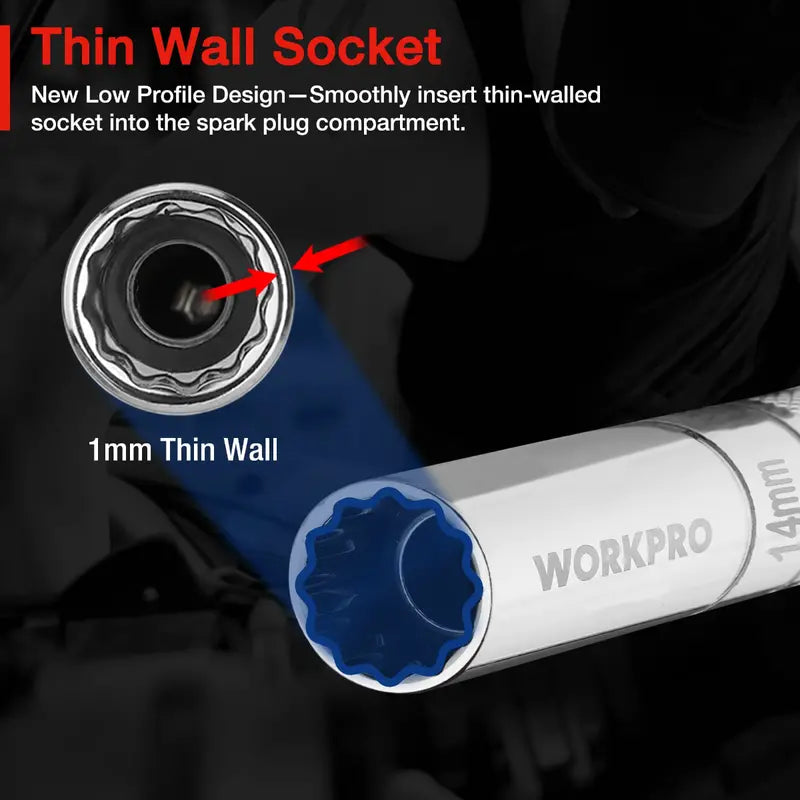 WORKPRO Magnetic Swivel Spark Plug Socket Set  3-Pc Thin-Wall 14mm + 6″ & 10″ Extensions