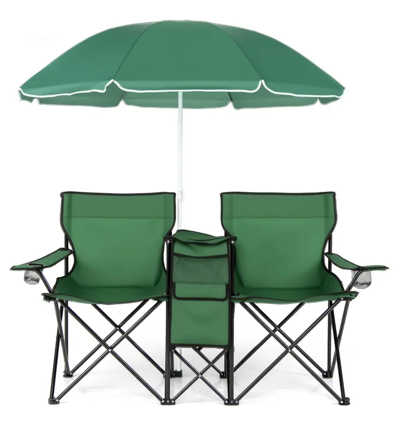 Dual-Folding Picnic Chair Set with Built-in Umbrella, Mini Table & Carry Bag