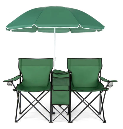 Dual-Folding Picnic Chair Set with Built-in Umbrella, Mini Table & Carry Bag