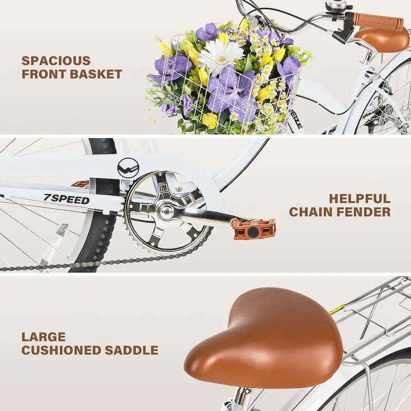 WEIZE 26″ Beach Cruiser Bike  7-Speed Commuter Bicycle with Fenders, Rear Rack, Ergonomic Upright Frame & Comfort Saddle