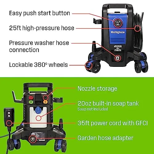 Westinghouse ePX3500 Electric Pressure Washer, 2500 PSI, 1.76 GPM, Compact Design, 17.5″ Steel Wand, 25′ Hose, 3-Year Warranty